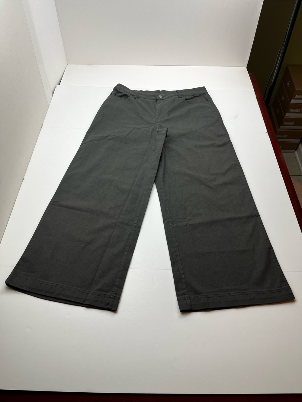 Pact Organic Stretch Twill Wide Leg Pant Womens Large Grey Gray Ankle Pockets